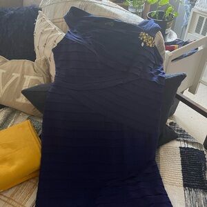 Xscape One Shoulder Navy Dress with Gold Accent
